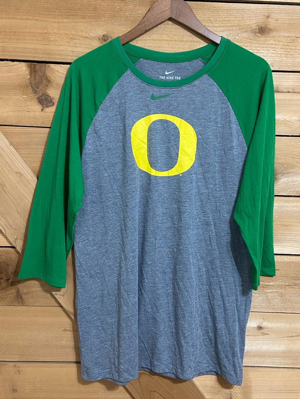 Nike Grey and Green Raglan Baseball Tee with Yellow O Logo